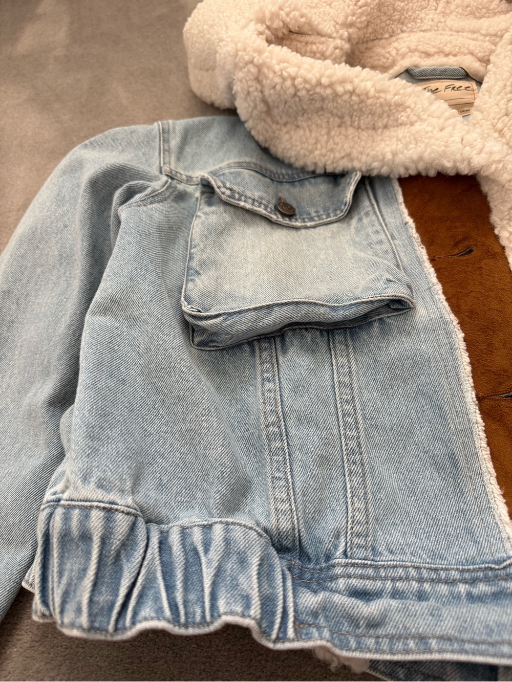 Free People Light Blue Denim Jacket with Brown Sherpa Hood - Picture 6 of 11